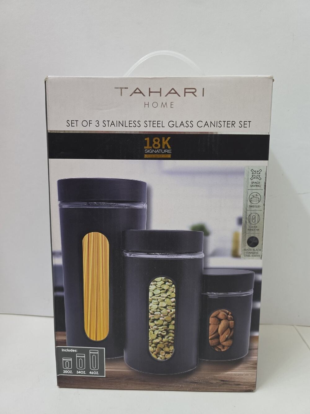 Tahari Home 18K Signature 3-Pc Glass Canister Set Matte Black NEW